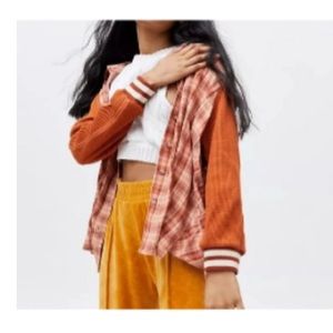 BDG Keanu Varsity Oversized button down shirt in orange tones-boho mixed-media